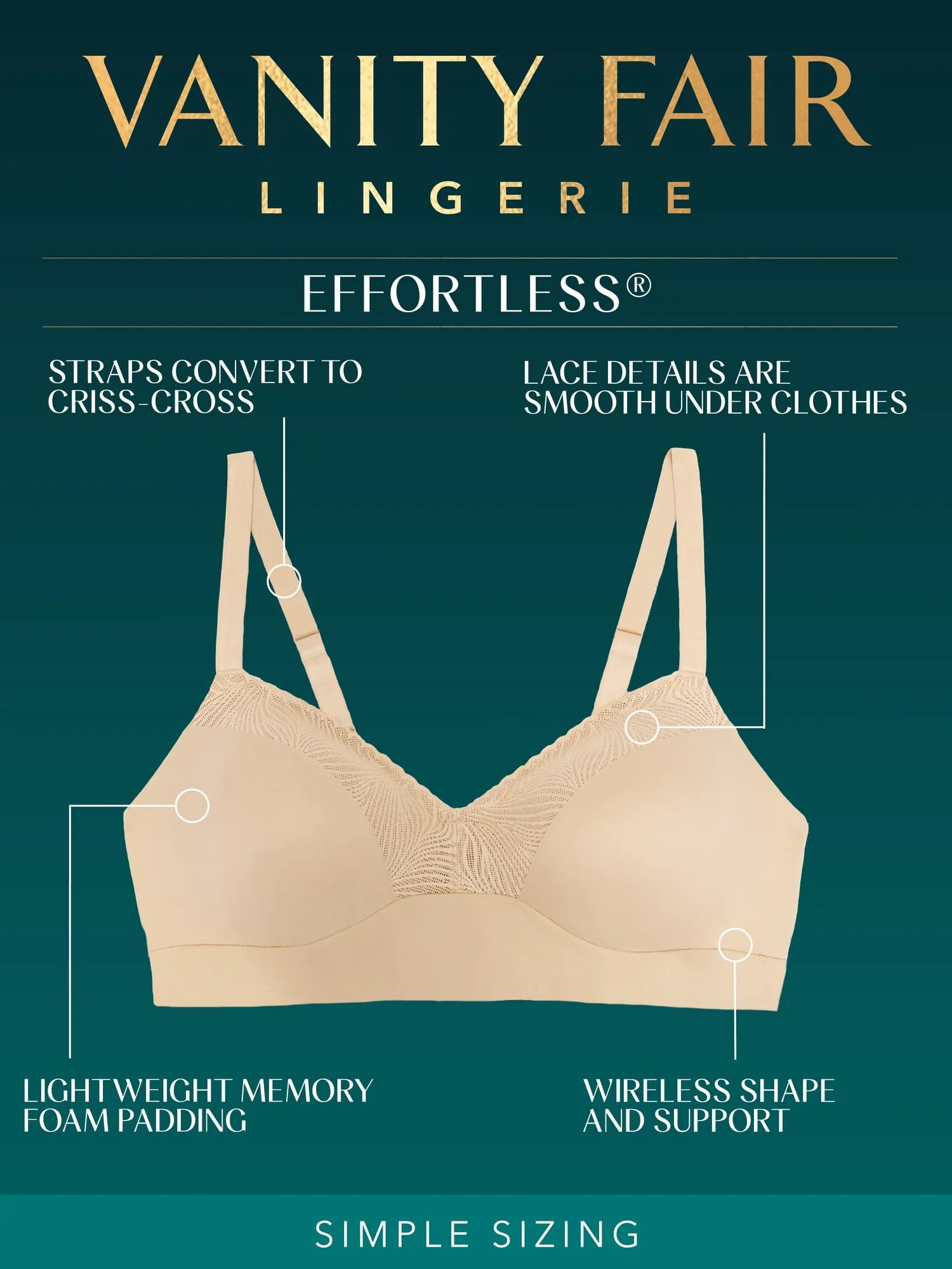 Vanity Fair Lingerie Women's Effortless Wireless Bra, Convertible Straps, Smooth Lace, Sizes S-3XL, Style 72125