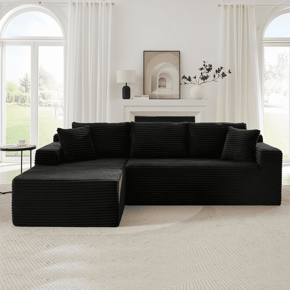QNACPY 103'' L-shaped Corduroy Boneless Sectional Couches, Modern Fluffy Cloud Modular Sofa with L-Shape Chaise, Comfy Memory Foam Deep Compress Sofas for Living Room,Office,Black