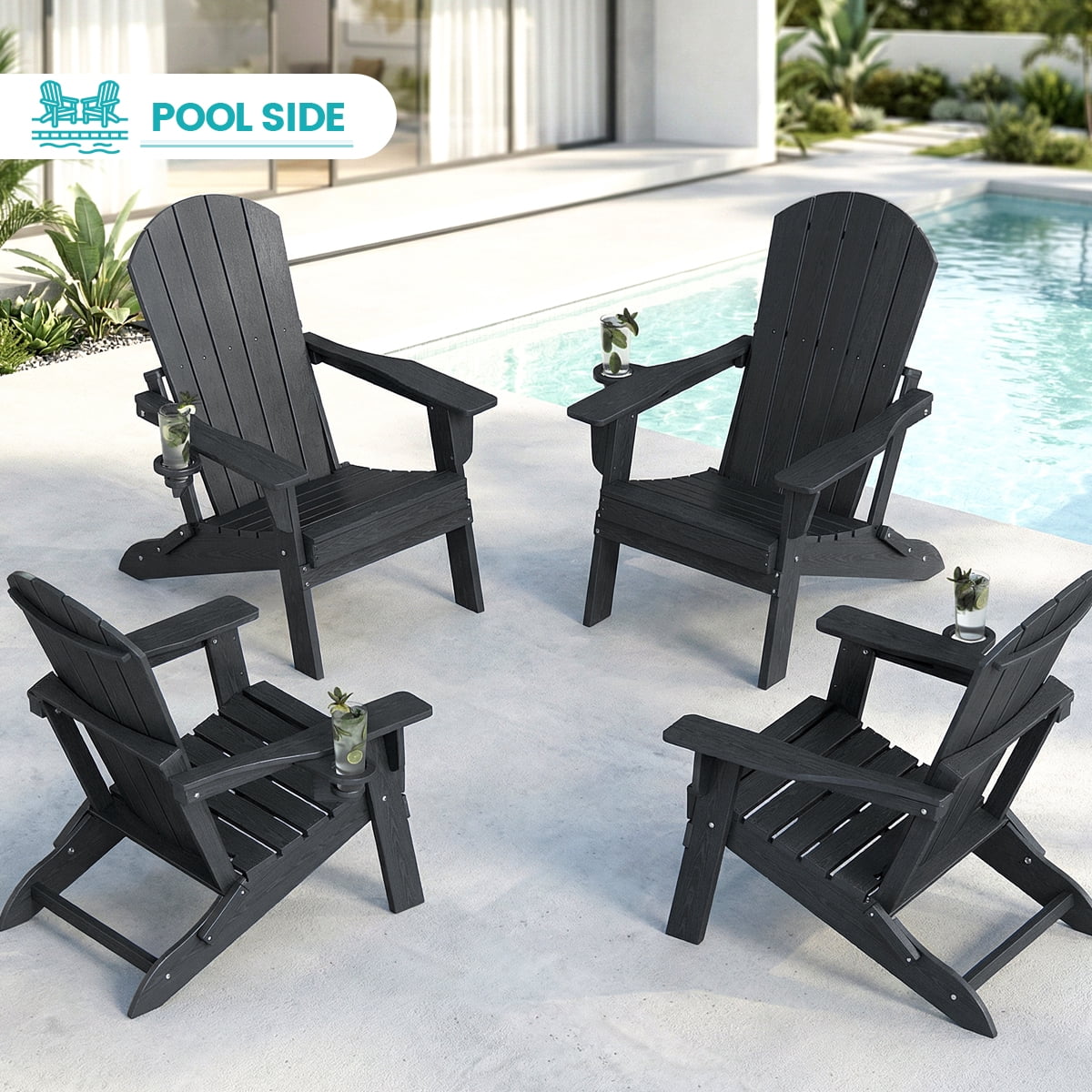 Cobiod Folding Adirondack Chair with Cup Holder, HDPE All-Weather Outdoor Patio Chair, Ergonomic Wood Grain Design for Backyard, Black