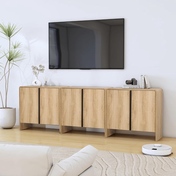 92inch Fluted Sideboard Buffet Cabinet with Storage,Walnut Long 6 Door Sideboard Buffet with Adjustable Shelves, Curved Accent Table for Living Room Kitchen Entryway
