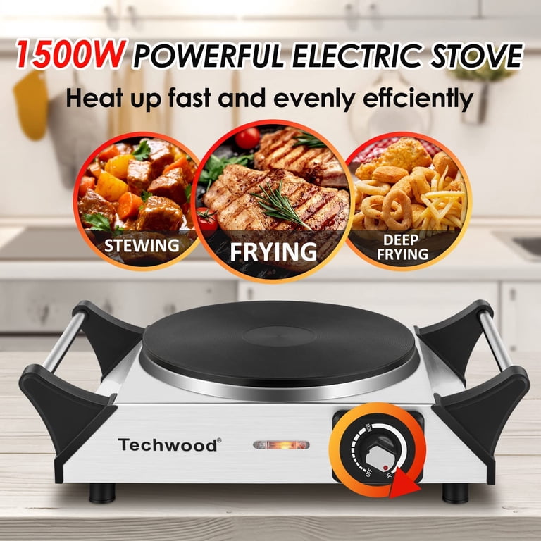 Techwood Hot Plate for Cooking, 1500W Electric Stove Countertop Single  Burner with Adjustable Temperature u0026 Stay Cool Handles, 7.5” Cooktop for  Home/RV/Camp, Compatible for All Cookwares, Silver - Walmart.com