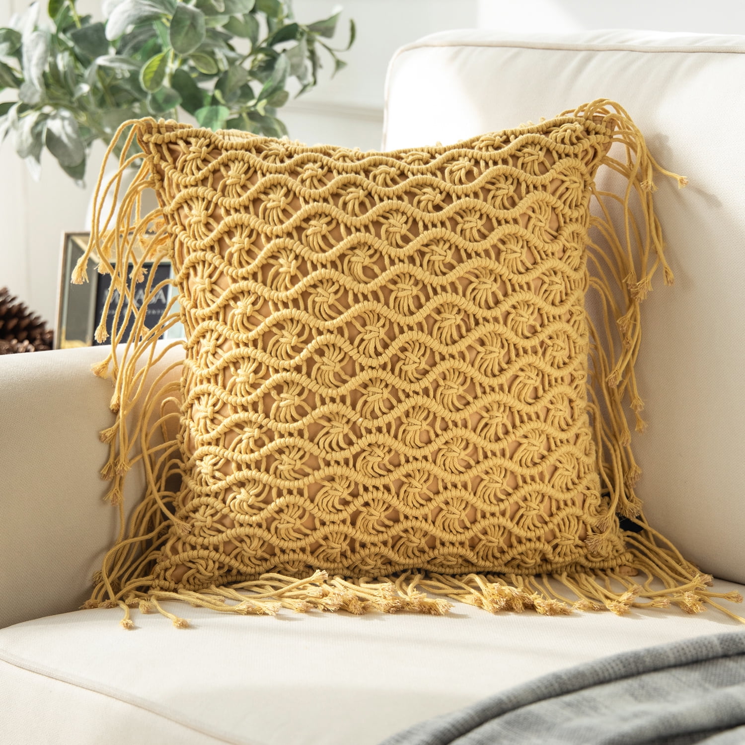 Phantoscope 100 Cotton Handmade Crochet Woven Boho with Tassels Series Decorative Throw Pillow
