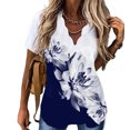 thumbnail image 2 of Mujeres V Cuello Top Manga Corta Suelta Hermosa Impresión Casual Verano Camisetas Azul Marino Flores L, 2 of 5