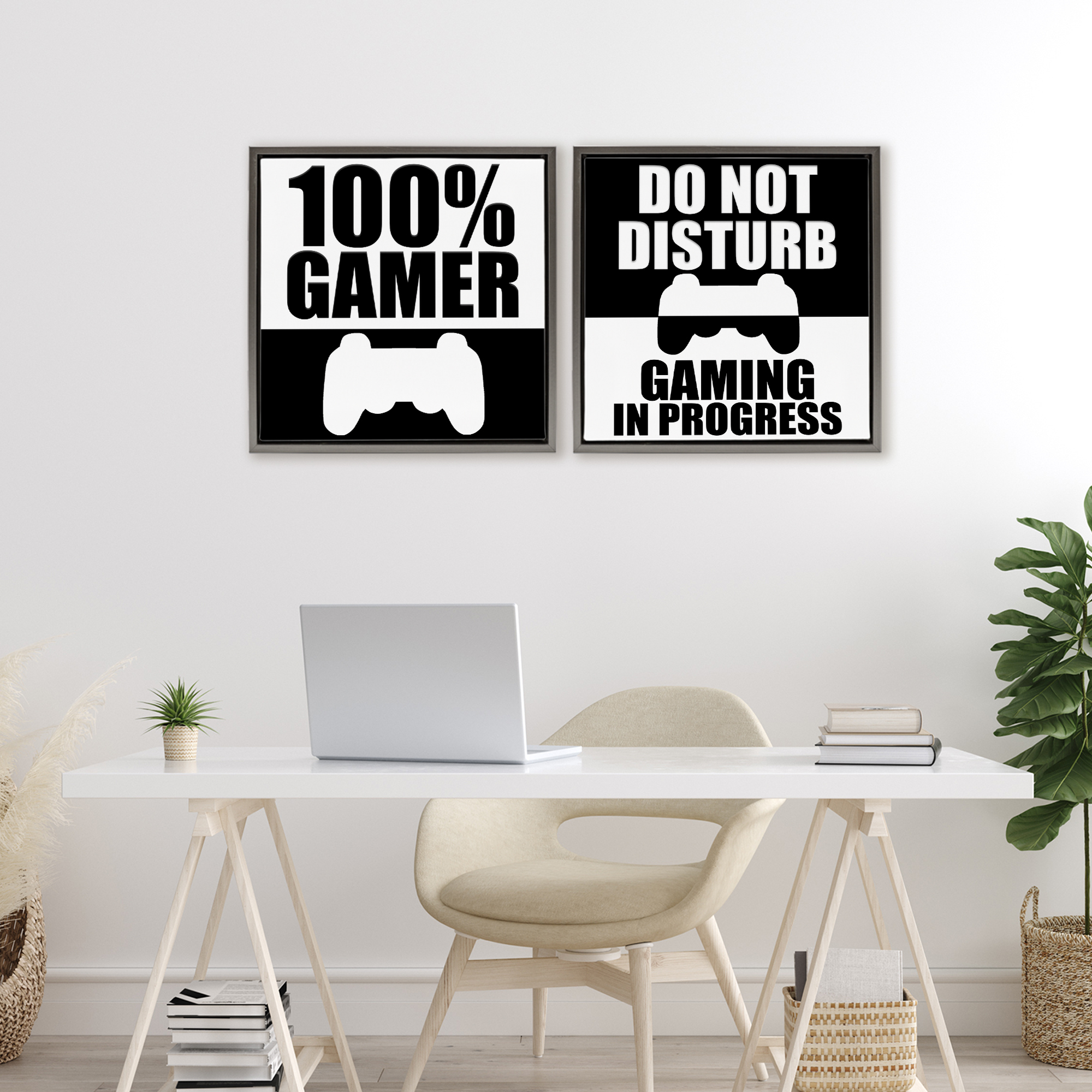 Competitive Gamer Black & White 2 Piece Gray Framed Floater Canvas Set, design by Kim Allen