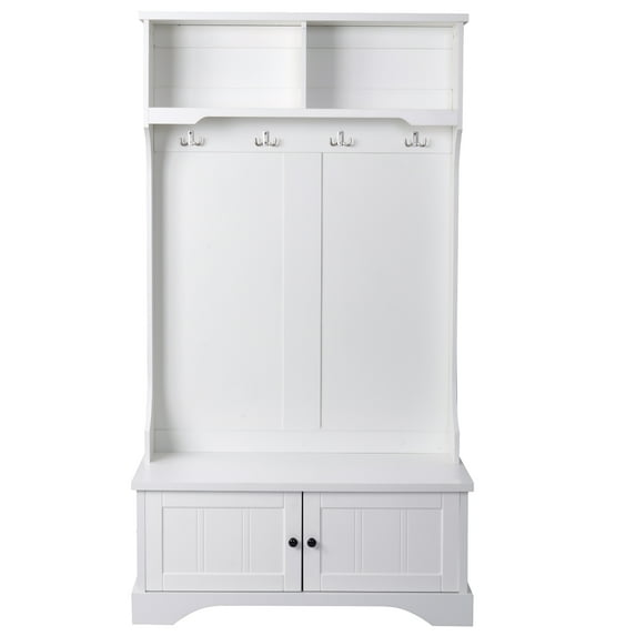 Multifunctional Storage Rack, Entryway Hall Tree with Storage Bench, Coat Rack Shoe Bench, 3-in-1 Design, Bedroom Living Room Decor in White
