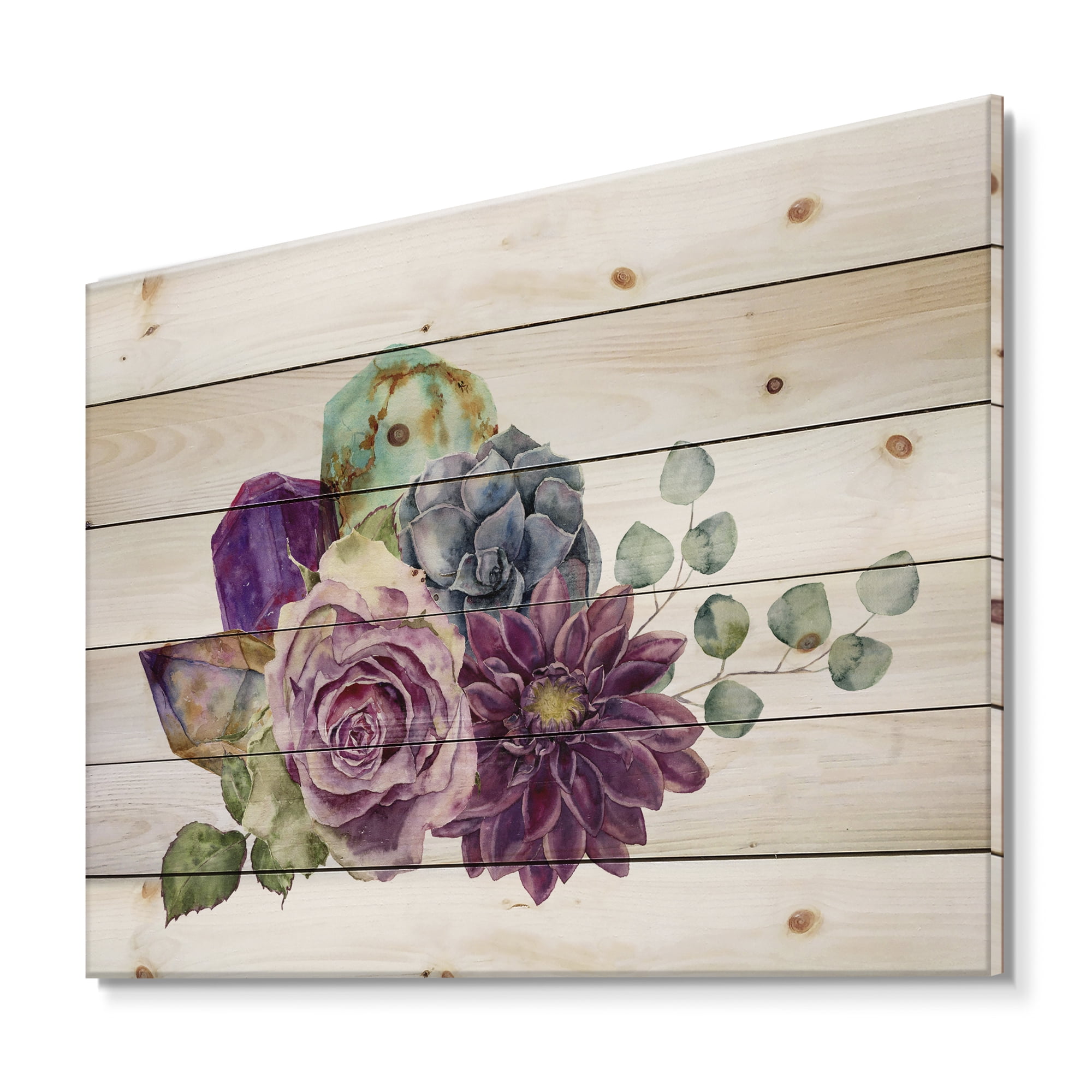 Designart 'Bouquet of Succulents Eucalyptus With Flowers' Traditional Print on Natural Pine Wood