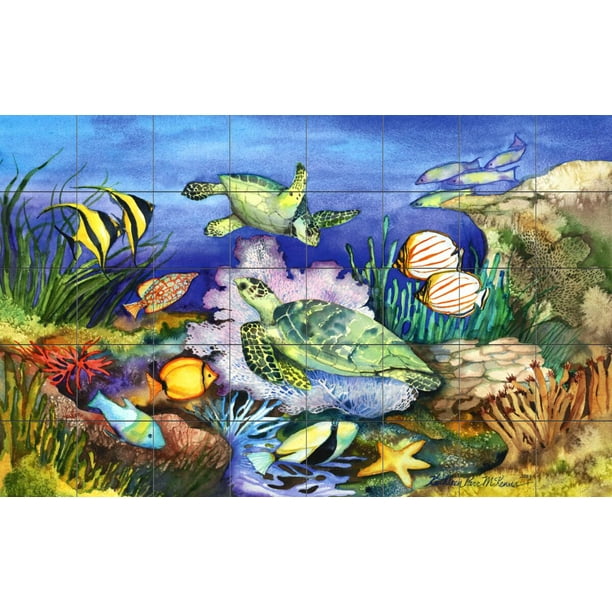 Tile Mural Bathroom Backsplash Green Sea Turtles by Kathleen Parr
