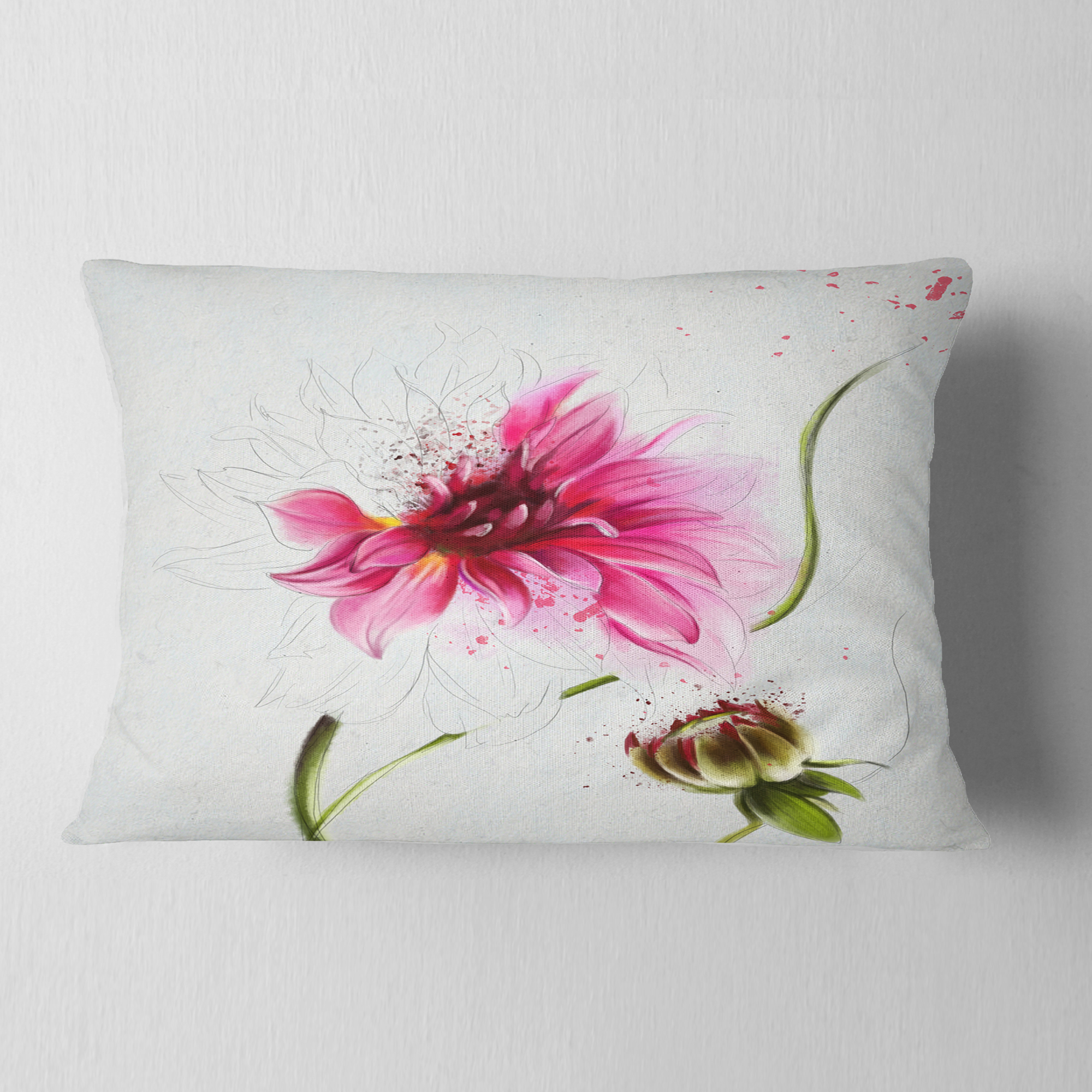 Designart Pink Flower with Stem and Bud - Floral Throw Pillow - 12x20
