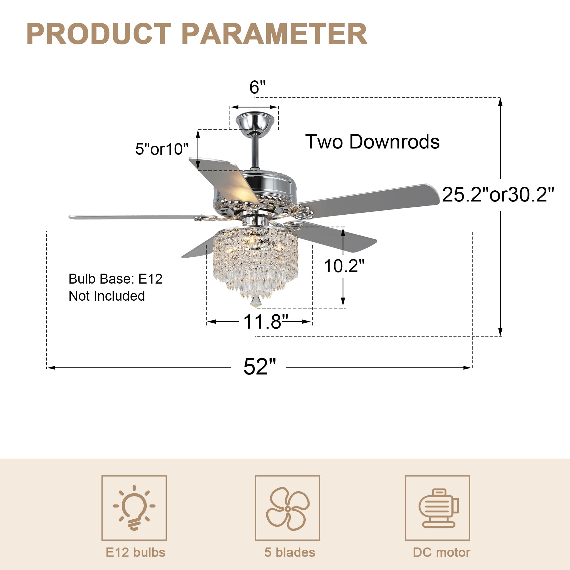 52" Modern Silver Crystal Ceiling Fan with Light and Remote Control, 6-Speed Reversible DC Motor