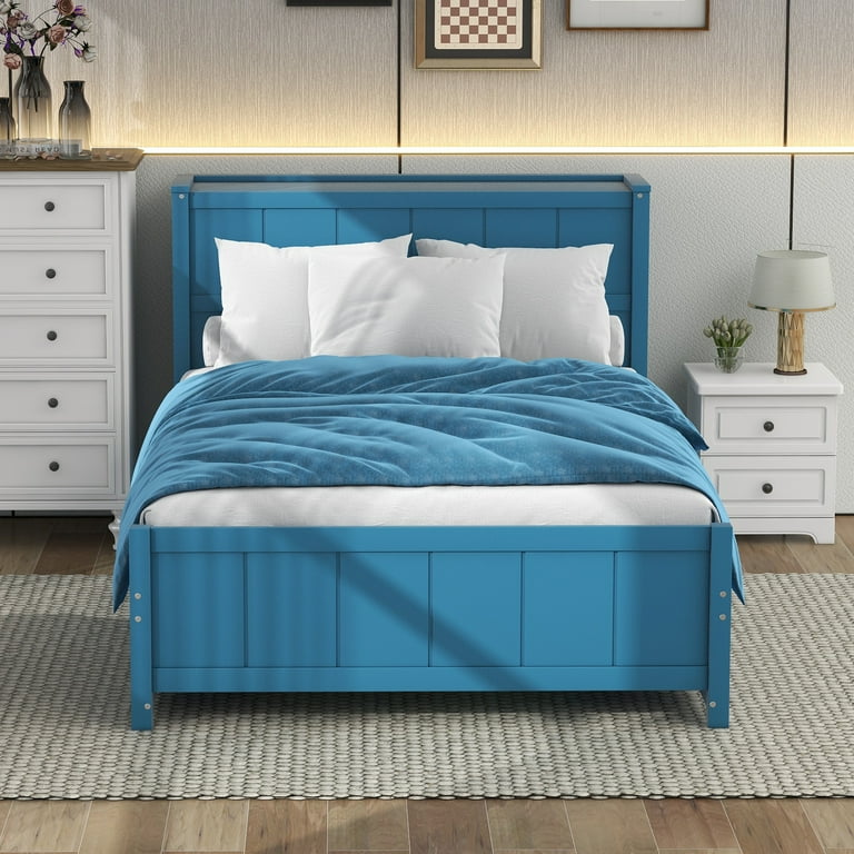 Wood Full Platform Bed with Storage Headboard Shelf and Drawers for Kids Room Blue