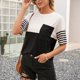 thumbnail image 4 of Camiseta de mujer Bloque de color a rayas Manga corta Cuello redondo Top suelto, Negro, S Vogacara AP001245-01, 4 of 7
