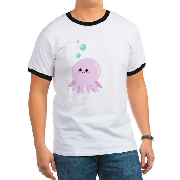CafePress - Cute Pink Octopus T Shirt - 100% Cotton Ringed T-Shirt