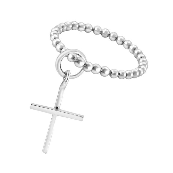 Simply Faithful Dangle Little Cross Eternity Bead Ball Sterling Silver Ring-9