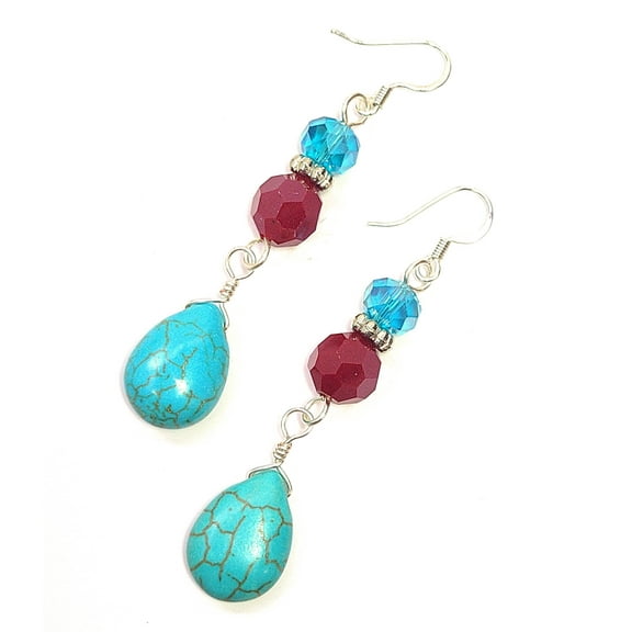 Turquoise, Silver  Red Crystal Teardrop Dangle Earrings