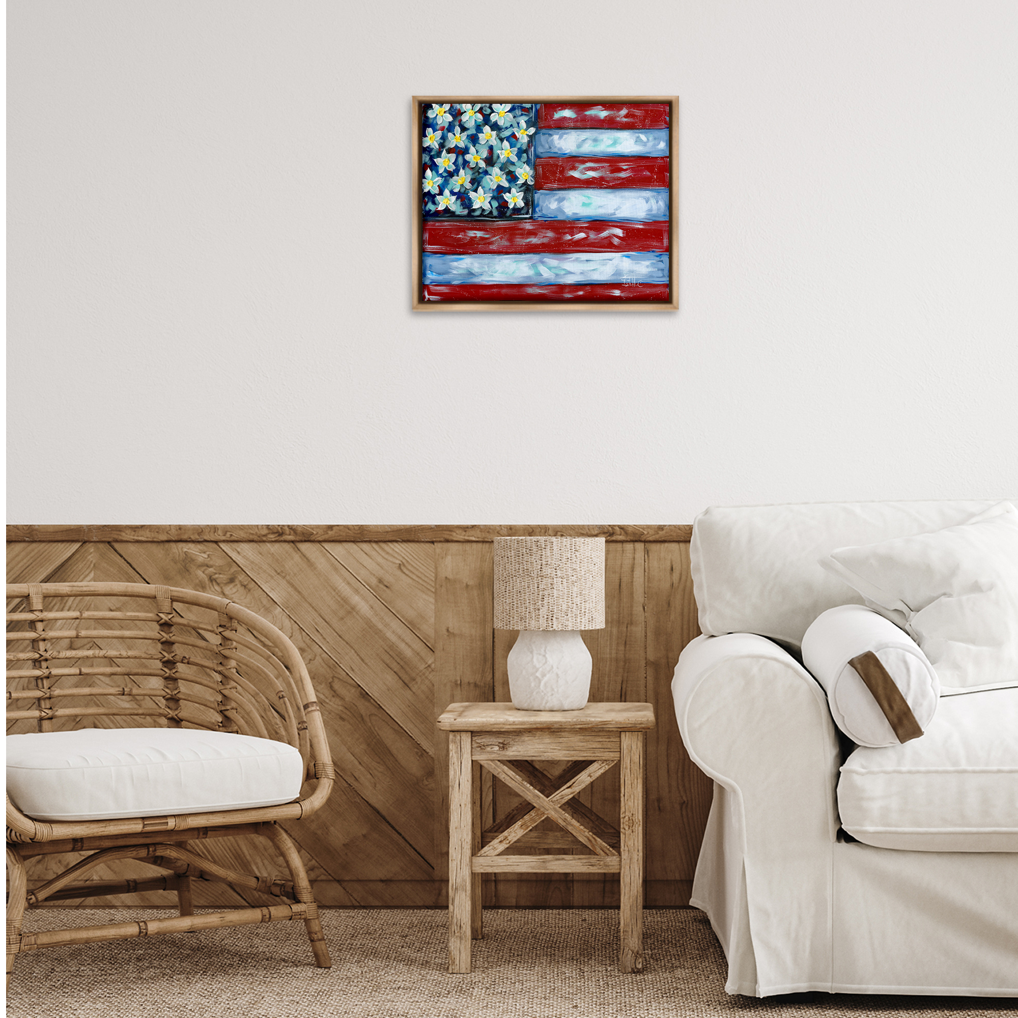 Stupell Industries Flower Stars & Stripes Flag Patriotic Painting Brown Floater Framed Canvas Art Print Wall Art, 21 x 17