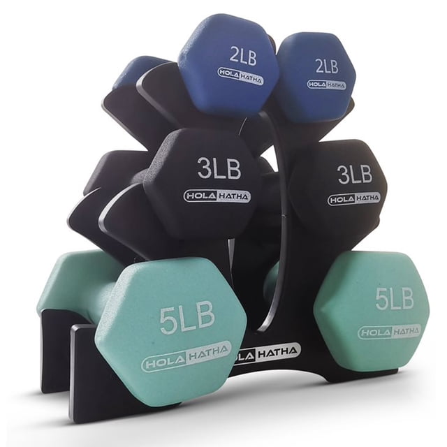 HolaHatha 2, 3, & 5 Pound Neoprene Dumbbell Free Weight Set w/ Rack, Pastel