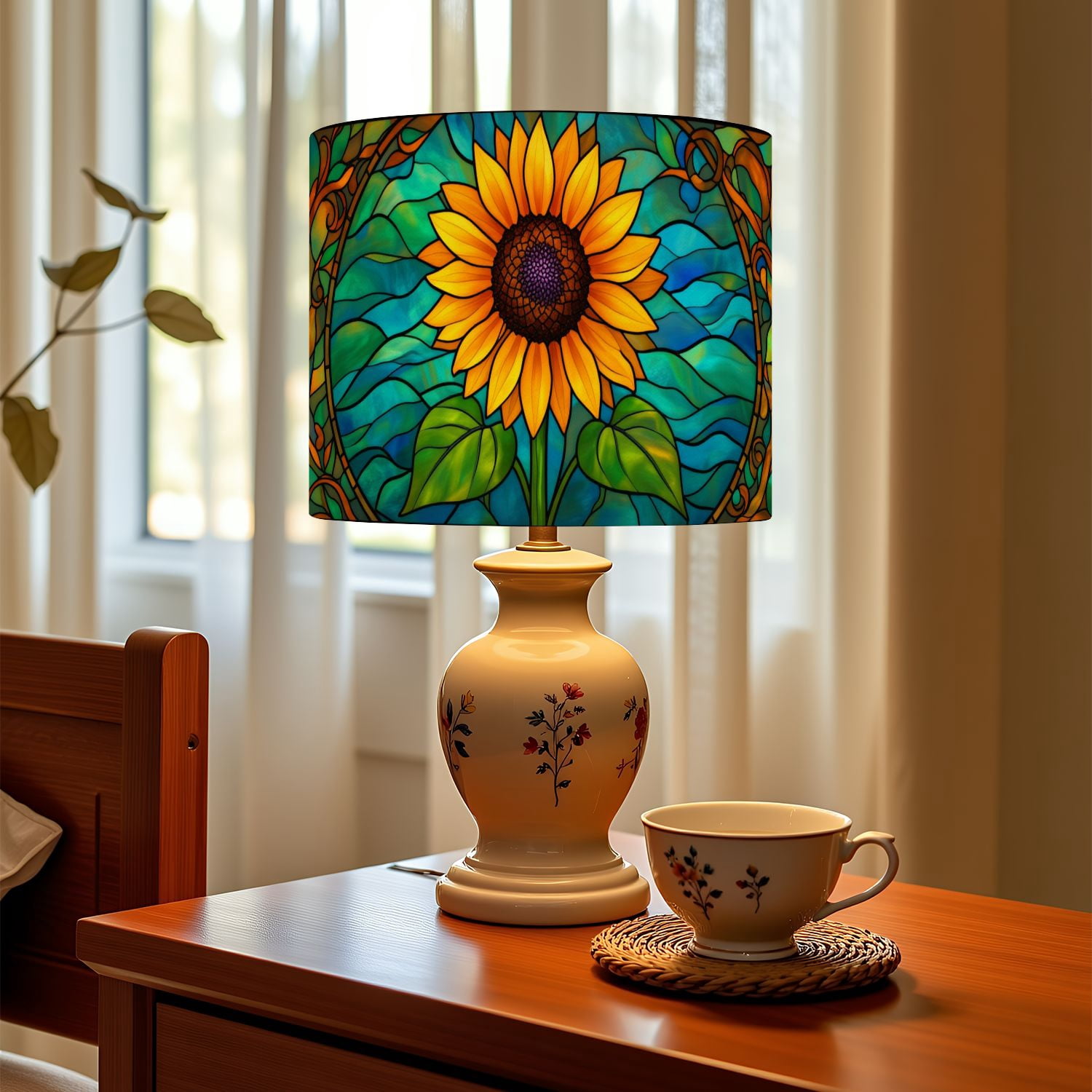 Linen Drum Lampshades Vibrant Stained Glass Sunflower Yellow Petals Blue 13"x13"x10" Light Shade for Table Lamps Floor Lamp Shades Lampshade Replacement Assembly Required