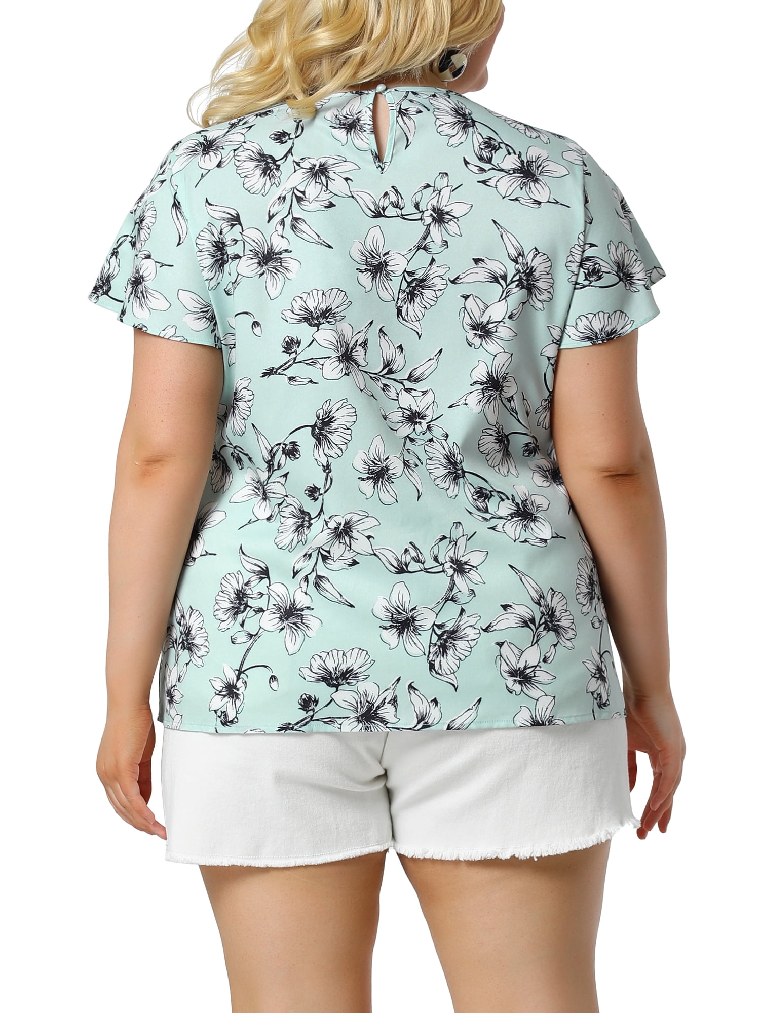 Unique Bargains Juniors' Plus Size Top Floral Lace Panel Keyhole Back Flare Sleeve Blouse Lake Blue 1X