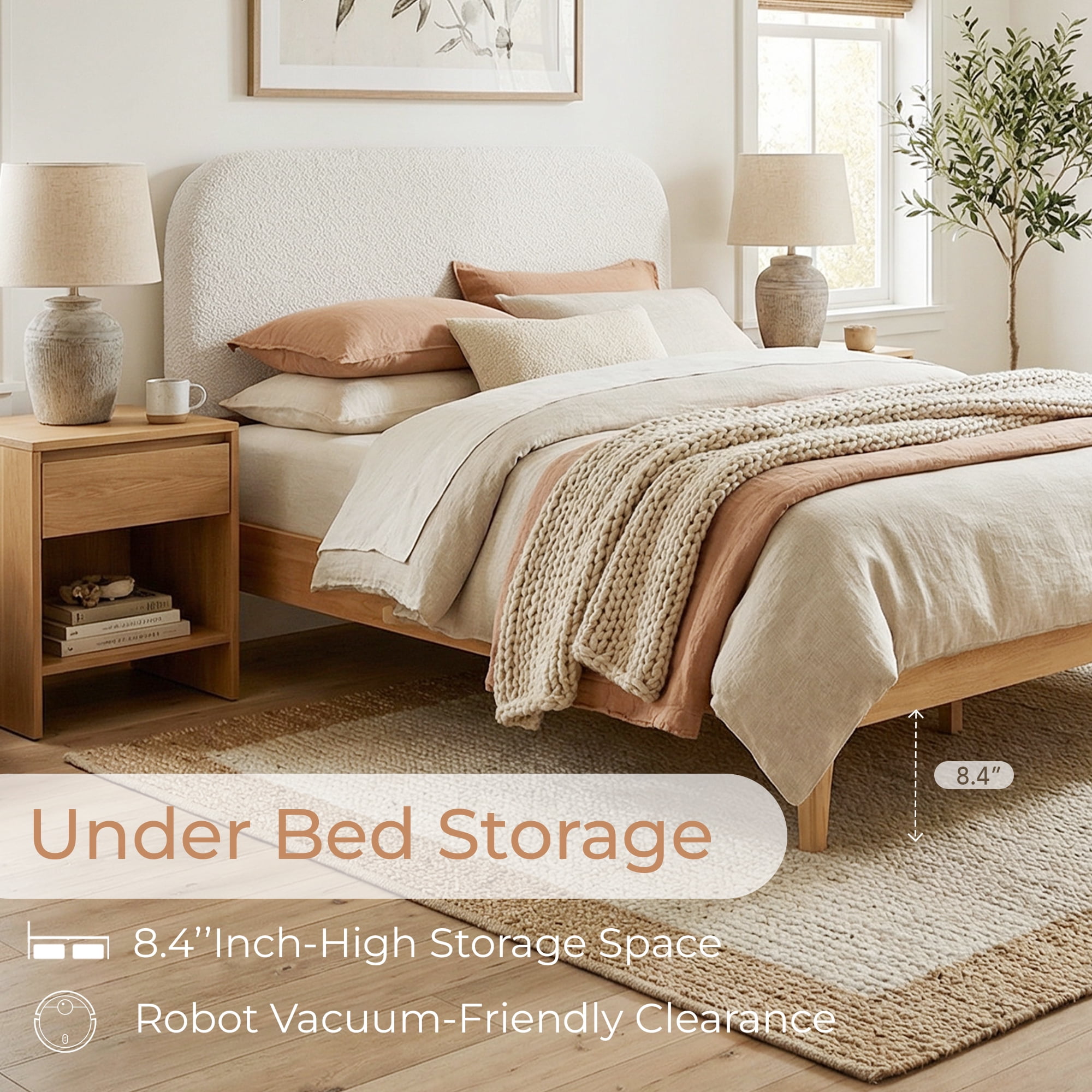Spruce & Spring Mid-Century Modern Upholstered Platform Bed with USB Charging, Boucle Headboard, No Box Spring Needed, Full Size Bed Frame, Cream
