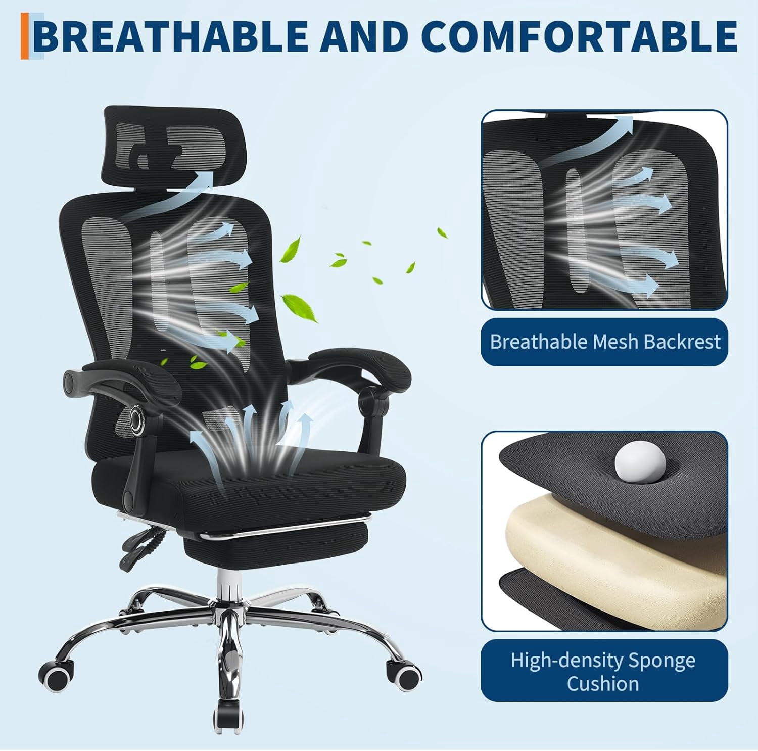 Ergonomic Mesh Office Chair with Retractable Footrest Executive High Back Computer Desk Chair with Adjustable Headrest & Lumbar Support for Home Office or Bedroom