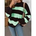 thumbnail image 3 of Womens Oversized Striped Sweater Mock Neck Chunky Knit Lantern Long Sleeve Fall Trendy Tunic Sweaters Top, 3 of 10