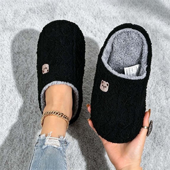 JUSLIO Womens House Slippers, Indoor House Slippers Open Toe Slides Slip On Fuzzy Plush Flat Sole Non Slip Slippers Black