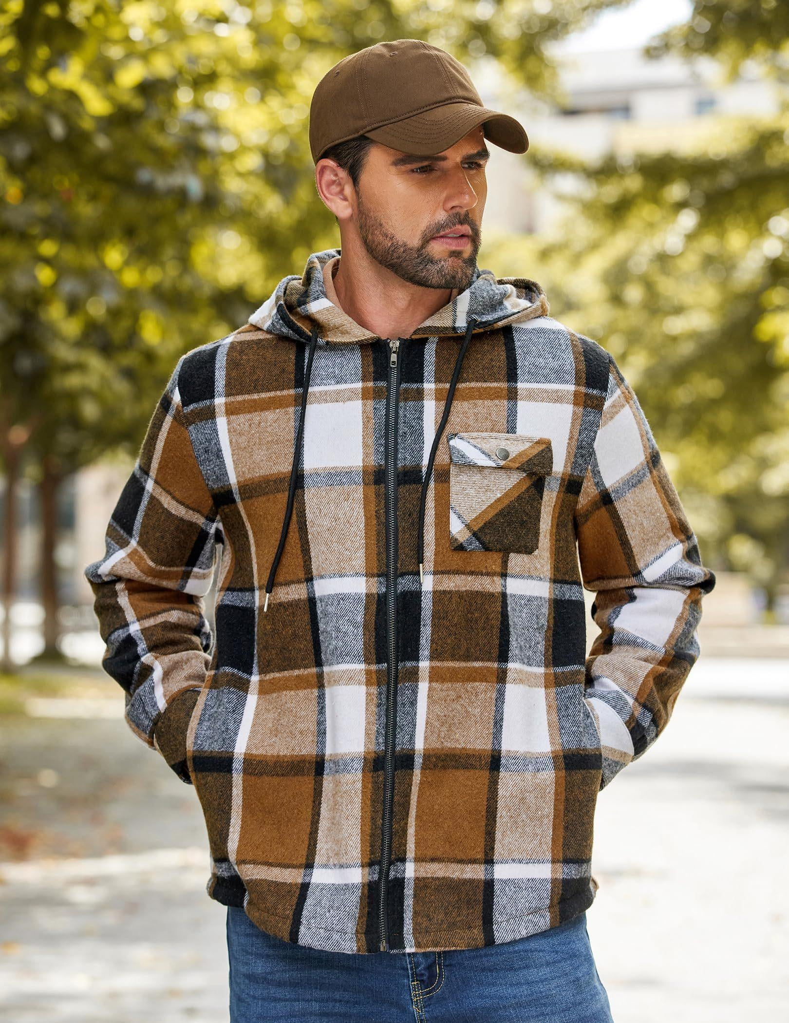 COOFANDY Men's Flannel Hooded Shirt Jacket Plaid Hoodie Zipper Sherpa Lined Winter Thermal Flannel