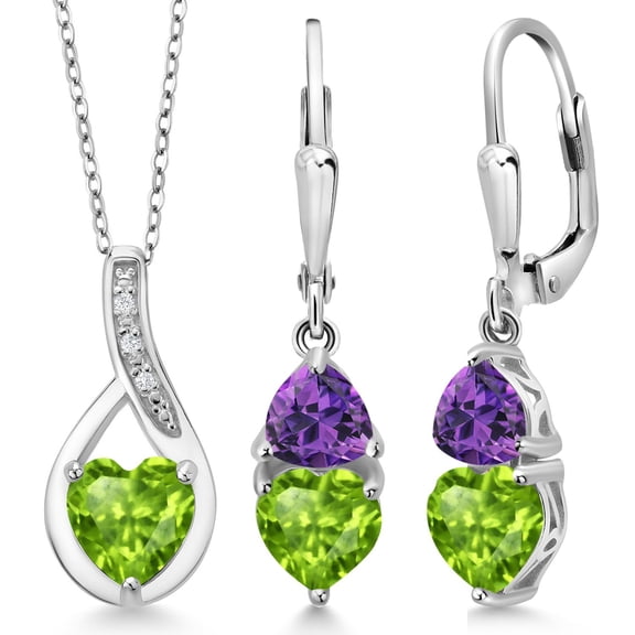 Gem Stone King 925 Sterling Silver Green Peridot and Purple Amethyst Pendant Earrings Set for Women (3.53 Cttw, Gemstone August Birthstone, with 18 inch Chain)