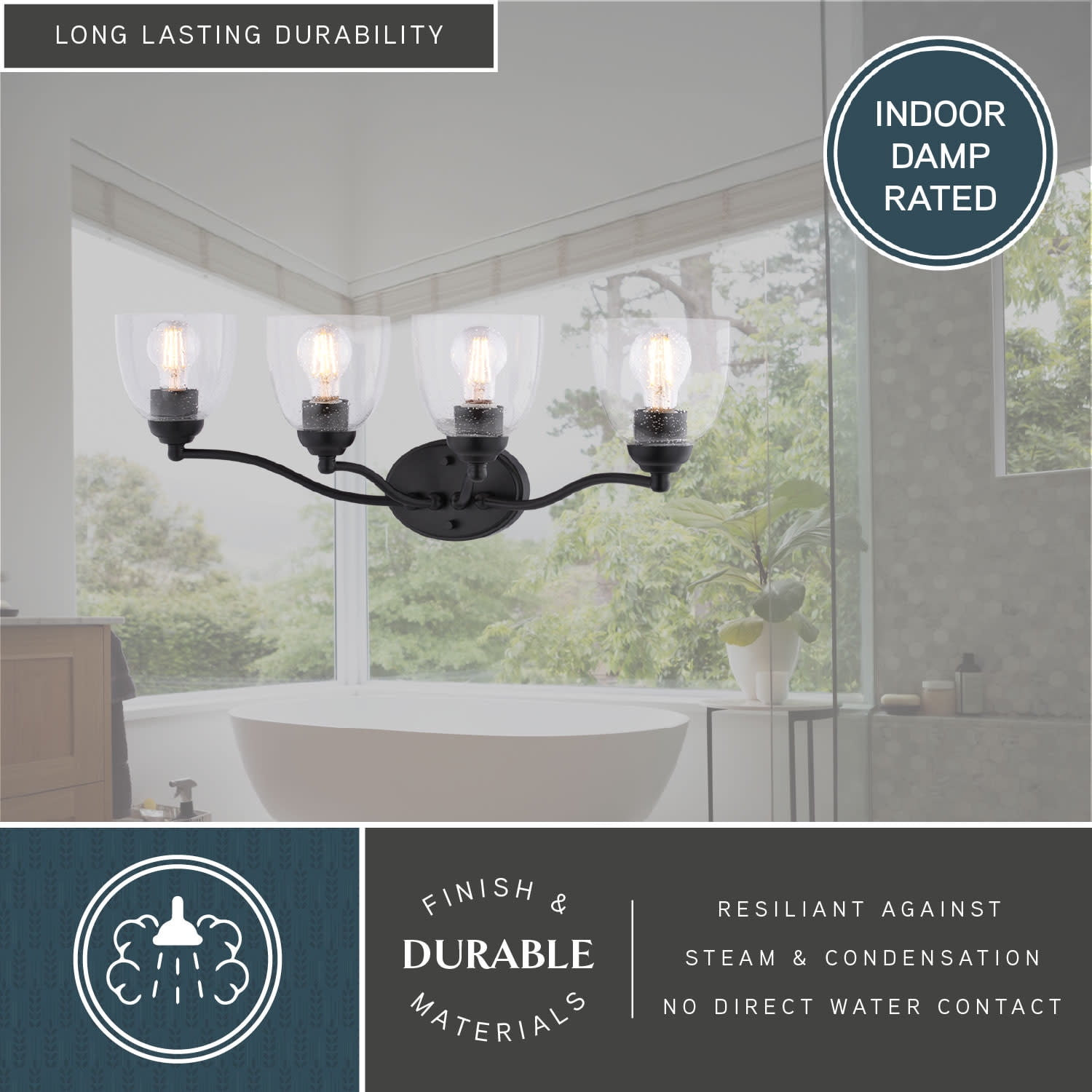 Bellwood 4-Light 28 in. Wide Matte Black Traditional Bathroom Vanity Lighting Fixture, Clear Seeded Bell Glass Shade, Dimmable, LED Compatible, Over the Mirror Mounted Steel Wall Sconce