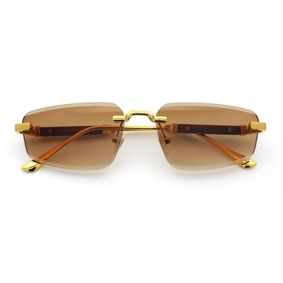 Bevel Lens Rimless Hustler Retro Gangster Rapper Rectangle Luxury Sunglasses Gold - Brown