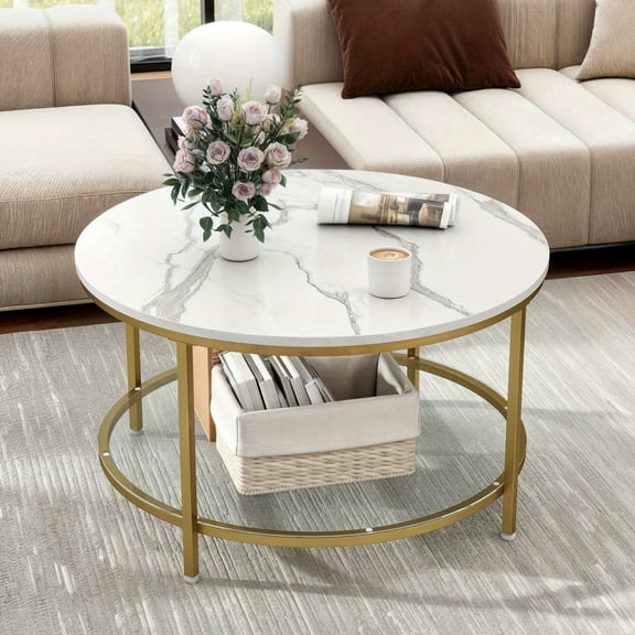 FurniZ 31" Round Marble Coffee Table Steel Frame Tempered Glass w/ Open Shelf Storage
