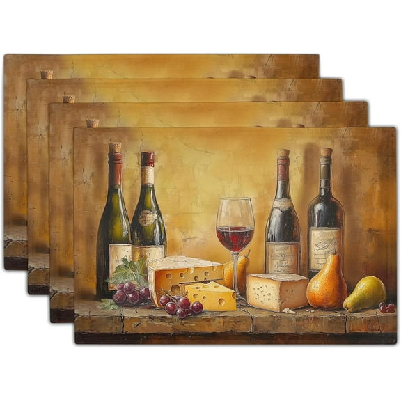 Vintage Wine Placemats Set of 4 Retro Wine Bottles Glasses Cheese and Grapes Washable Non-Slip Heat Resistant Place Mats 12x18 Inch Antique Brown Table Mats for Kitchen Dinner