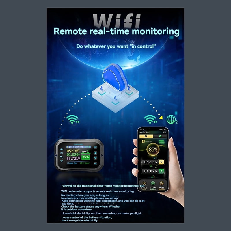 WiFi Coulomb Meter- Power Volt-Ammeter for Lithium & Lead Acid Batteries, RV Battery Capacity Indicator & Monitor KM160F