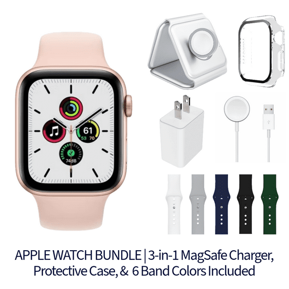 Restored Apple Watch SE Bundle - 44mm GPS + Cellular Gold (2020) - 3-in-1 MagSafe Charger, Protective Case & 6 Bands Included