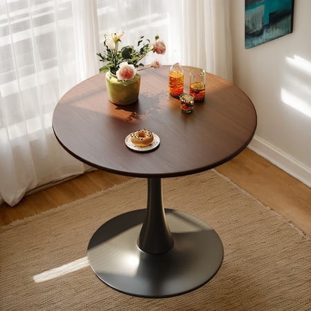 Miniyam 23.6 Round Dining Table for 2 Small Modern Kitchen Table with Metal Base MDF Top Walnut