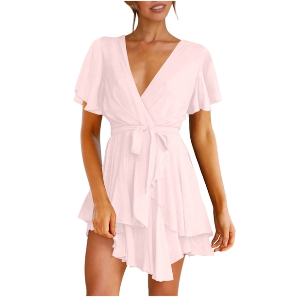 Mujer Casual Manga Corta Verano Cintura Corbata Doble Capa Volantes Cuello V Vendaje Túnica Vestido Sólido Fridja qw4207