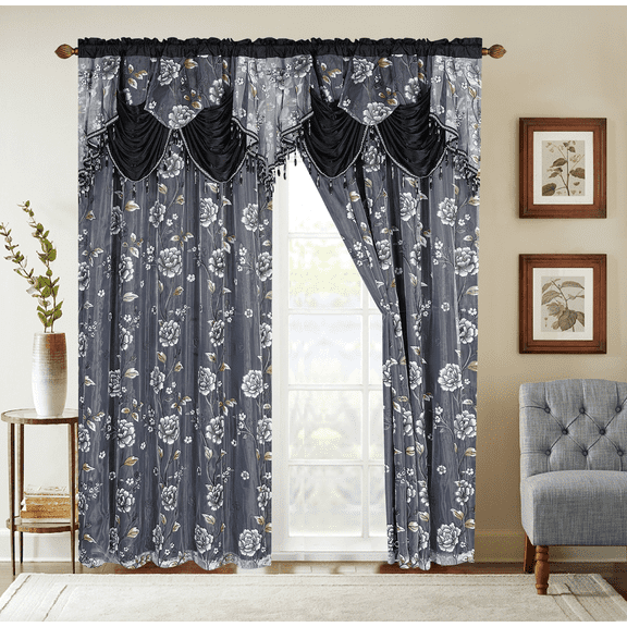 2 Piece Daniela Printed Flowers Luxury Jacquard Attached Valance with Long Crystals Beads and Tassels Window Curtain (54 inches wide x 84 inches long)