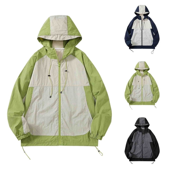 Sentmoon Mens Light Jacket Color Block Long Sleeve Hooded Neck Coat Men Plus Size Zipper Windbreaker Waterproof Mens Clothes Fall and Winter Fashion for Commuting and Bike Riding Green L