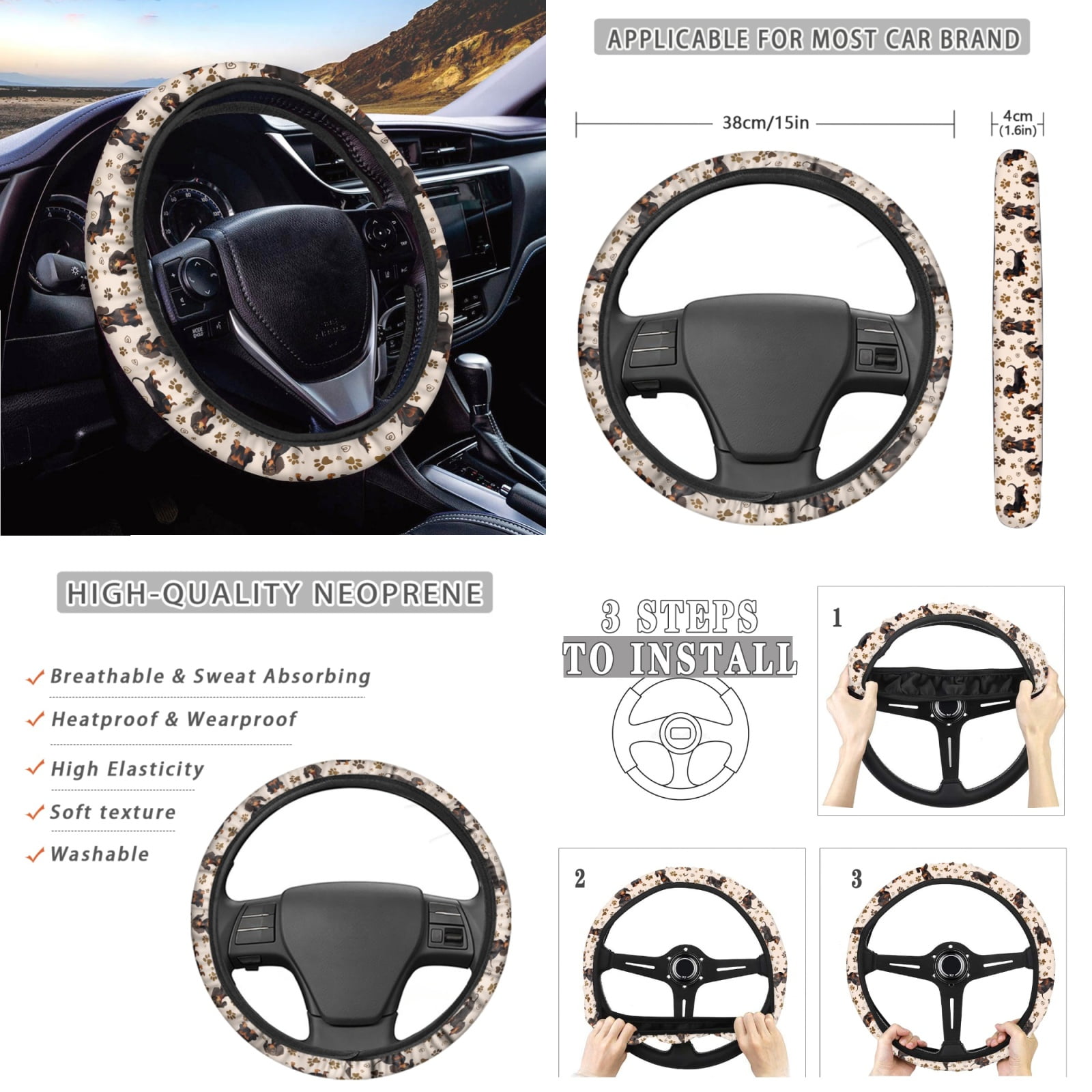 Yuyamidu Dachshund Dog Car Seat Cover of 14 Dog Paw Steering Wheel Cover Seatbelt Pads Cute Auto Armrest Cover Handbrake Cover Rearview Mirror Cover Trash Can Coasters Car Accessories