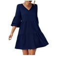 thumbnail image 2 of Wycnly Womens Dresses Fashion Flared Sleeve Empire Waist Flowy Ruffle Swing A Line Mini Dresses Summer Solid V-Neck 3/4 Sleeve Formal Short Dress Blue m, 2 of 7