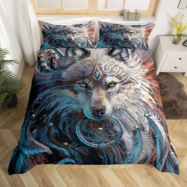 Wolf Dreamcatcher Bedding Duvet Cover, Faux Fur Wolf Duvet Cover Set