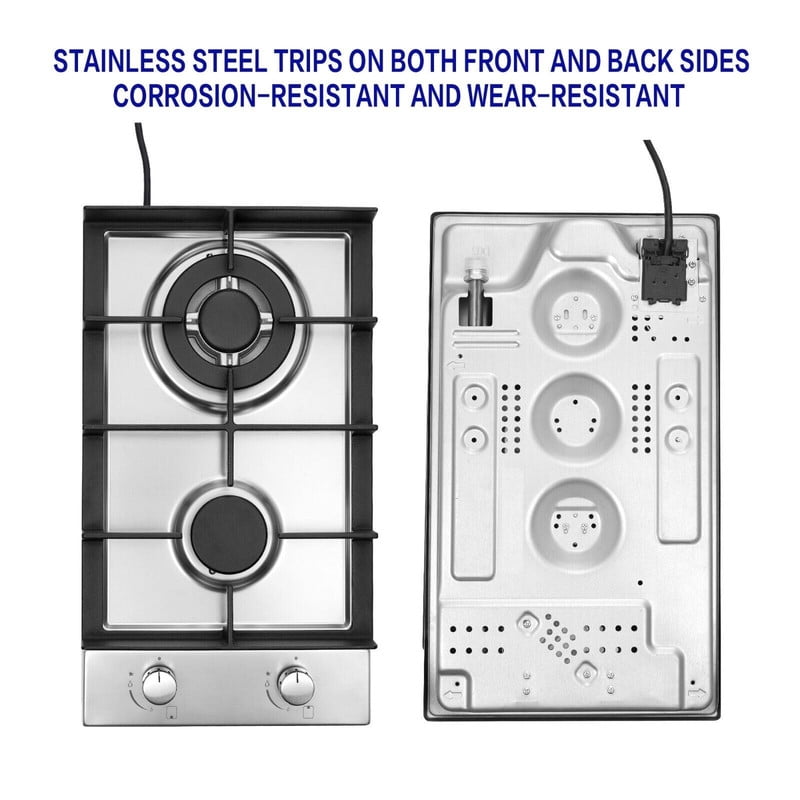 GD 12 in. 2 Burners Recessed Gas Cooktop with Tempered Glass Top, for Dual Fuel LPG/NG, Stainless Steel