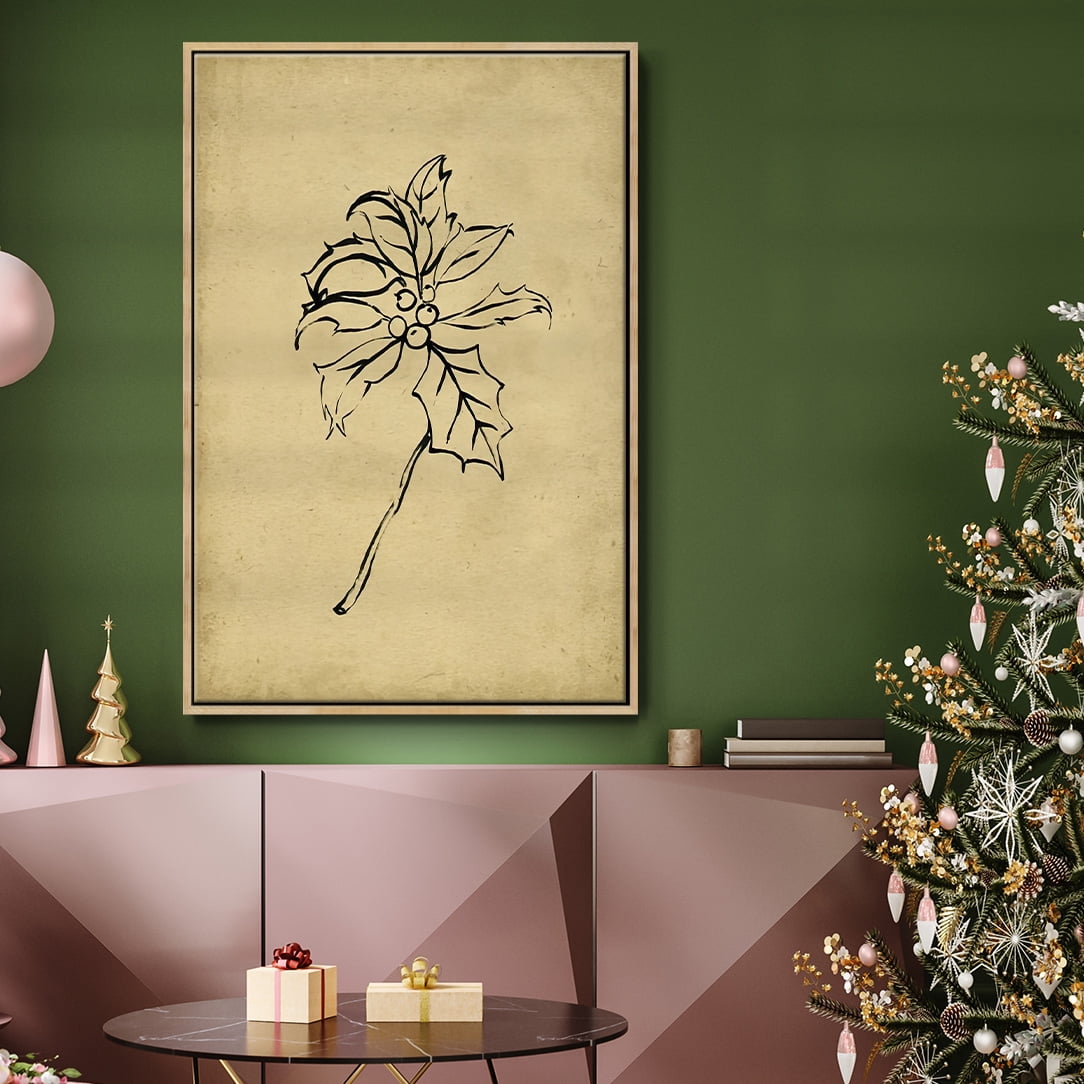 Holly Branch II - Framed Gallery Wrapped Holiday Canvas - 27 x 41 - Natural Wood Frame