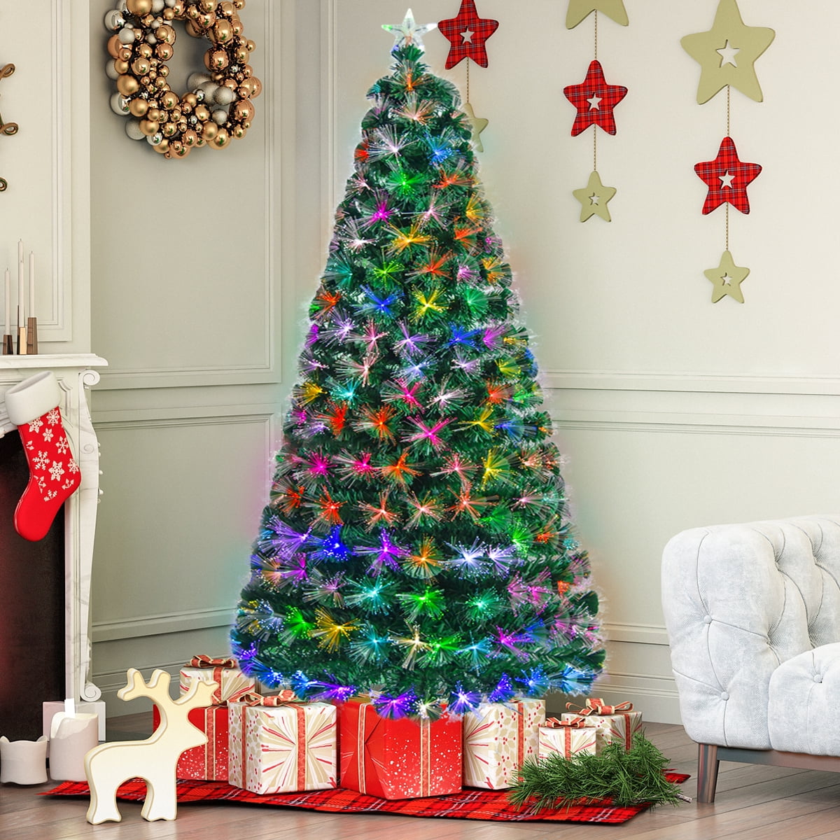 Christmas Pine Tree 7 W 270 Ul Certified Multi Color Lights Led Lights Pre Lit Fiber Optic Artificial Best Choice Products Walmart Com Walmart Com