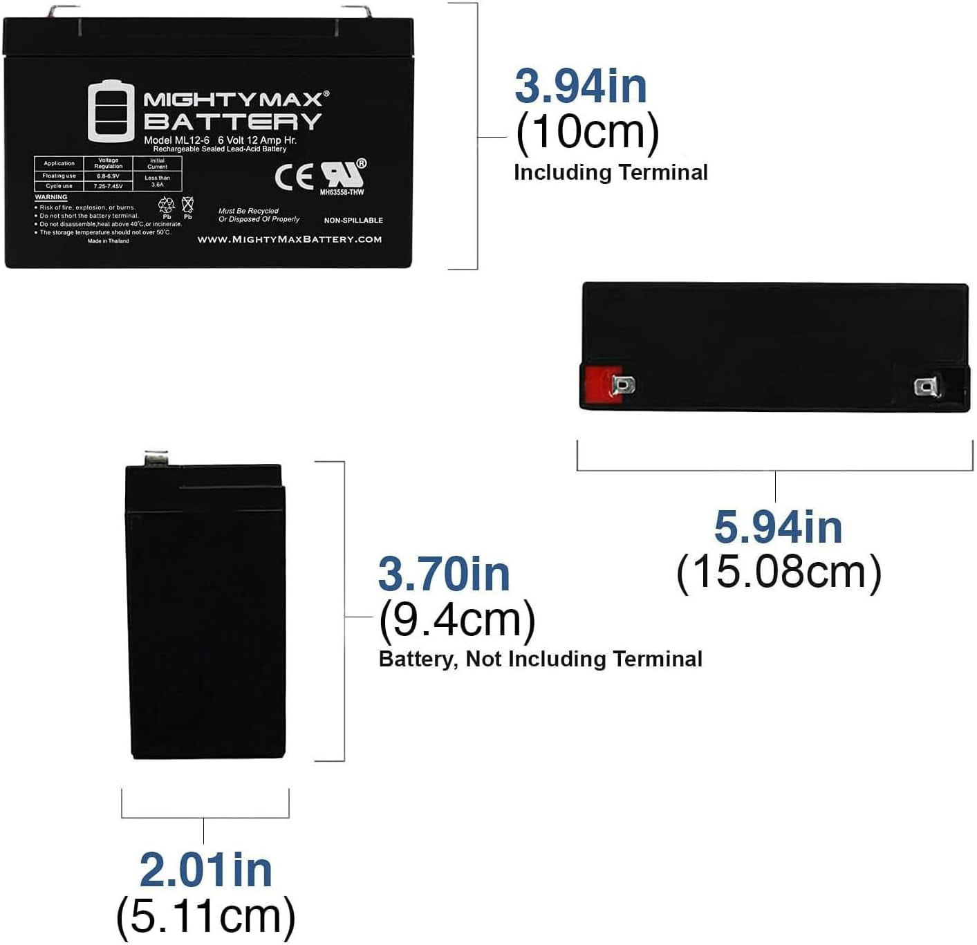 ML12-6F2-6 Volt 12 AH, F2 Terminal, Rechargeable SLA AGM Battery