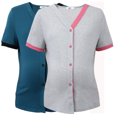 

WBQ Women s Maternity Nursing Tops Short Sleeve Button Breastfeeding T Shirts V Neck Color Block Tee for Women S-3XL