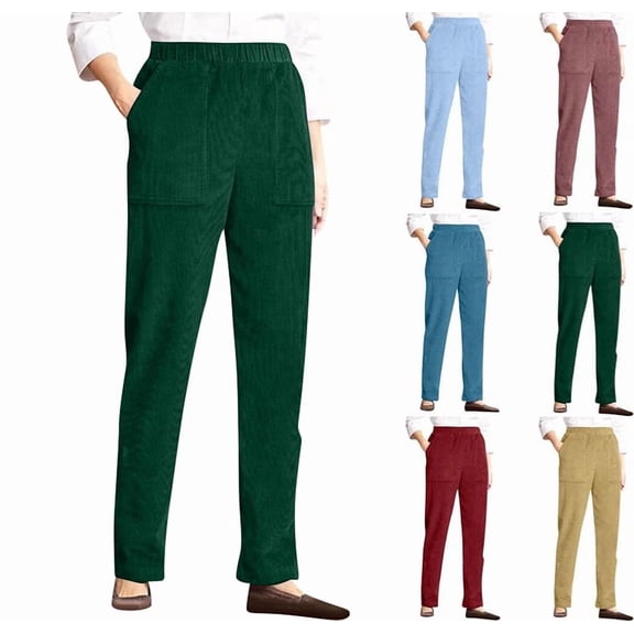 Womens Corduroy Pants Comfy Elastic High Waisted Corduroy Pants with Pockets Pull On Straight Leg Work Trousers Dark Green XL