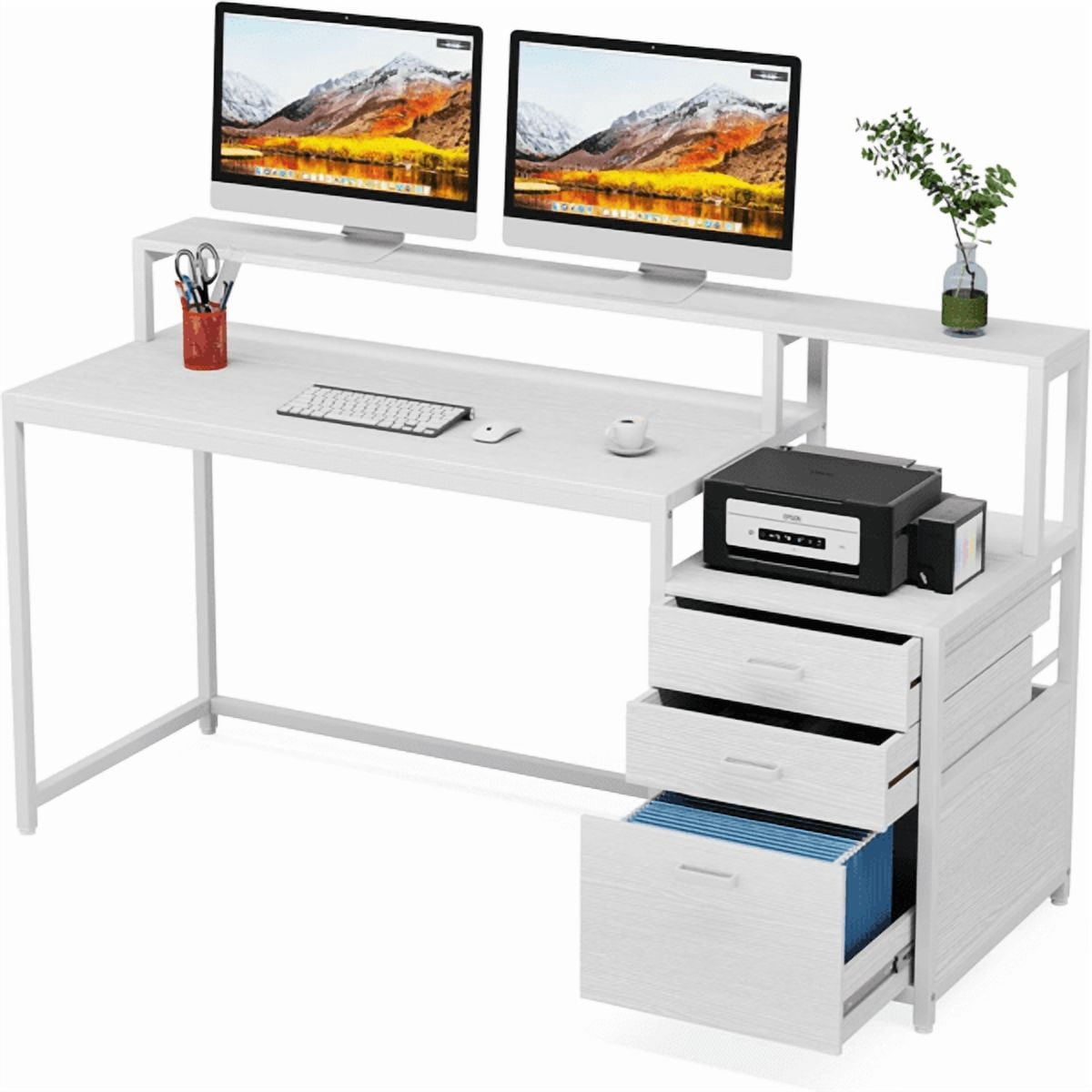 Ergonomic Computer Desk with File Cabinet - 62.99" Monitor Stand, 45W×19.68D Desktop, 2 Drawers - for Home Office, Study & Gaming