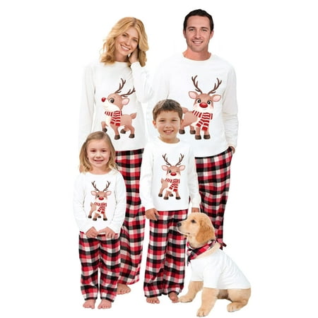 

wsevypo Matching Family Pajamas Sets Christmas PJ s Santa Claus Elk Cartoon Print Top and Plaid Pants Jammies Sleepwear