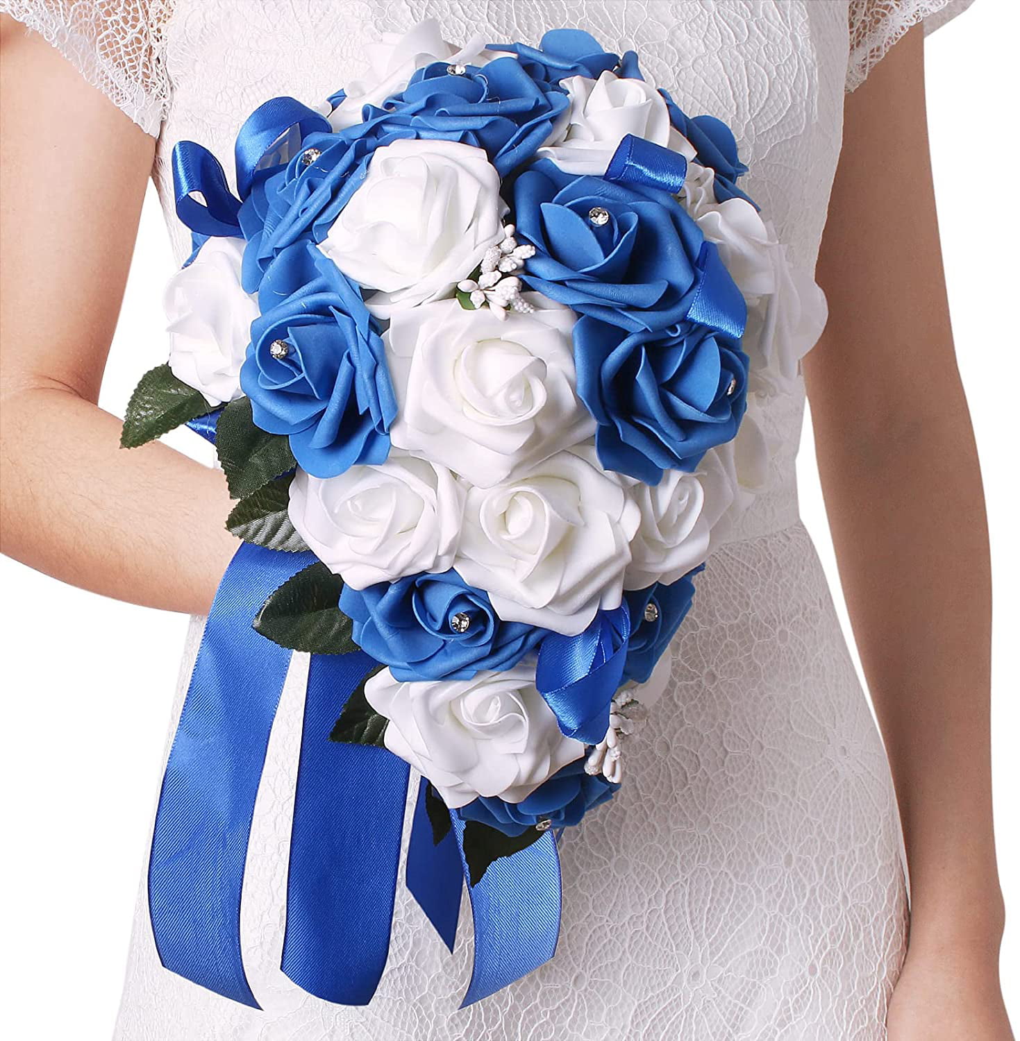Royal Blue Silver White Rose Bridal Wedding Bouquet Accessories 